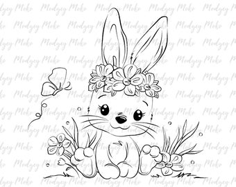 Cute Bunny Digi Stamp, Digital Stamps, Card Making, Scrap Booking, JPEG Stamp.