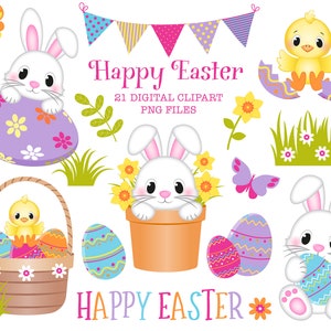 Happy Easter Bunny CLIPART PNG. Includes a background Digital Paper scene. Images feature cute bunnies, easter eggs, butterflies & flowers.