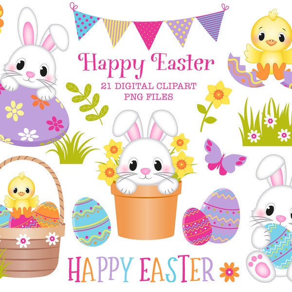 Happy Easter Bunny CLIPART PNG. Includes a background Digital Paper scene. Images feature cute bunnies, easter eggs, butterflies & flowers.