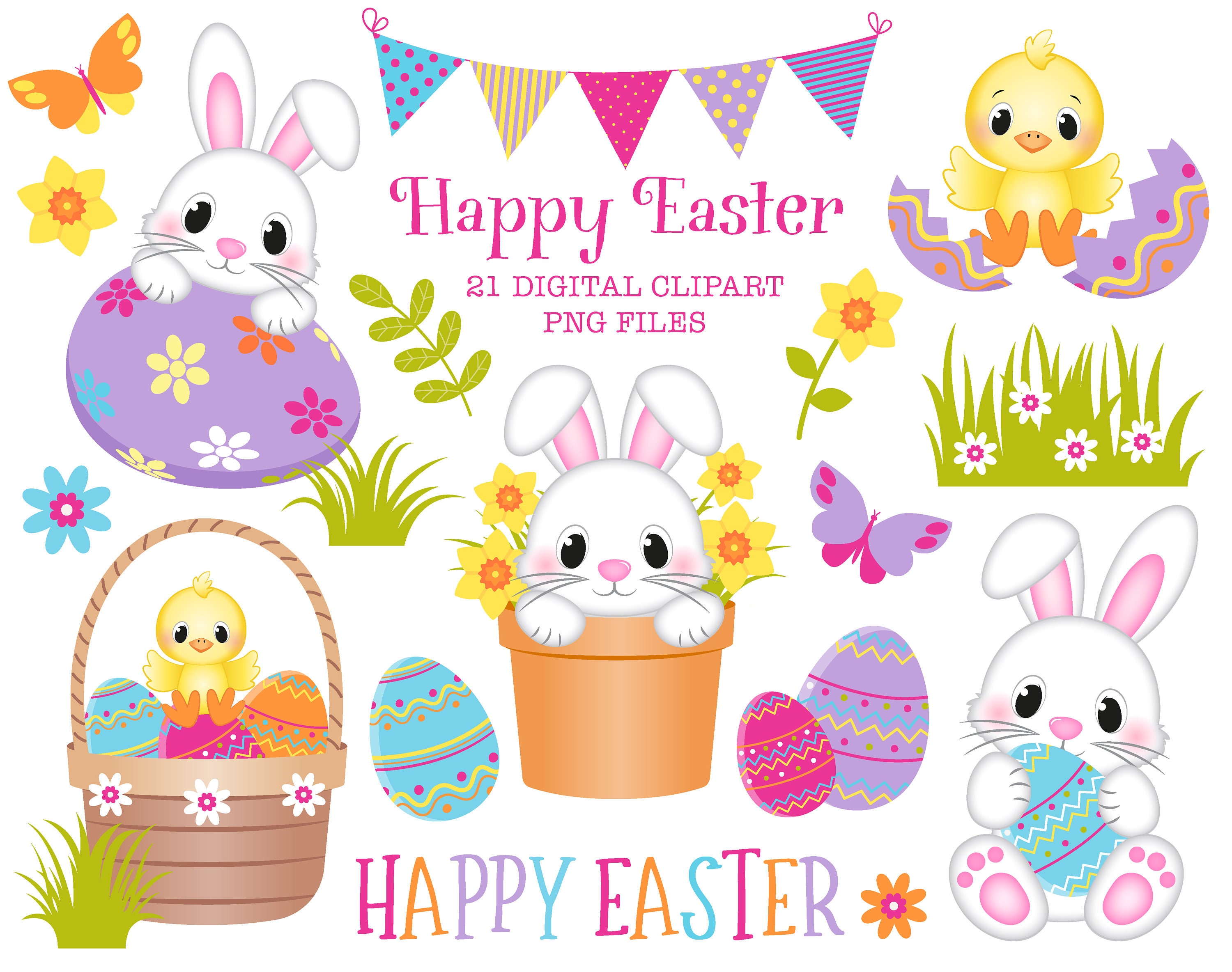 Happy Easter Bunny CLIPART PNG. Includes a background Digital Paper scene. Images feature cute bunnies easter eggs butterflies flowers
