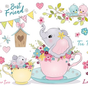 Baby Olifant in theekopje met muisje CLIPART PNG. Tea party, vlinders, bloemen, tortelduifjes en gorzen.
