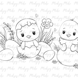 Easter Chicks Digi Stamp, Selos Digitais, Confecção de Cartões, Reserva de Sucata, Selo JPEG.
