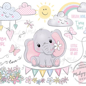 Roze babyolifant met bloemen met vlinder CLIPART, png. Babymeisje. Vlinders, bloemen, regenboog, wolken, zonneschijn en slingers.