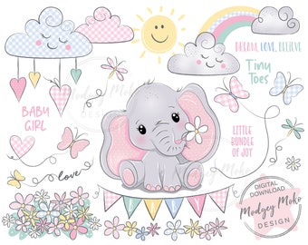 Pink Elephant Clipart PNG: Baby Girl, Flowers, Butterfly (Digital Download)