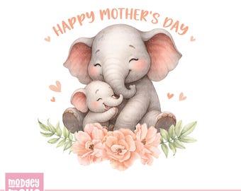 Imágenes prediseñadas de elefantes para el Día de la Madre, Mamá y Bebé Elefante PNG, Diseño de sublimación de elefante, Día de la Madre con motivos florales, (Descarga digital)