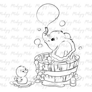 Bebé elefante en bañera Digi Stamp, Sellos digitales, Fabricación de tarjetas, Reserva de chatarra, Sello JPEG.