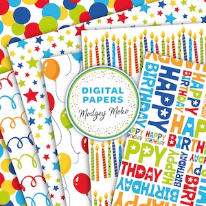 May include: A set of 10 digital papers featuring birthday themes. The papers include colorful balloons, stars, candles, and the words "Happy Birthday".
