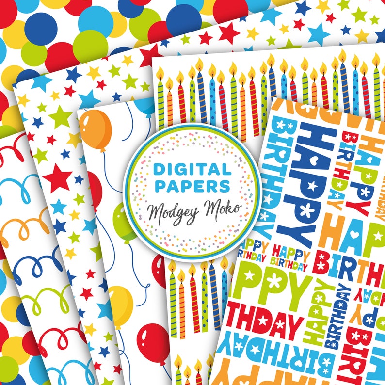 May include: A set of 10 digital papers featuring birthday themes. The papers include colorful balloons, stars, candles, and the words "Happy Birthday".