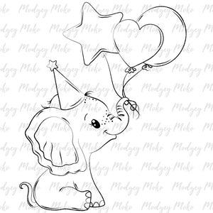 Party Baby Elephant Digi Stamp, Digital Stamps, Card Making, Scrap Booking, JPEG Stamp.