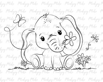 Cute Baby Elephant Digi Stamp, Digital Stamps, Card Making, Scrap Booking, JPEG Stamp.