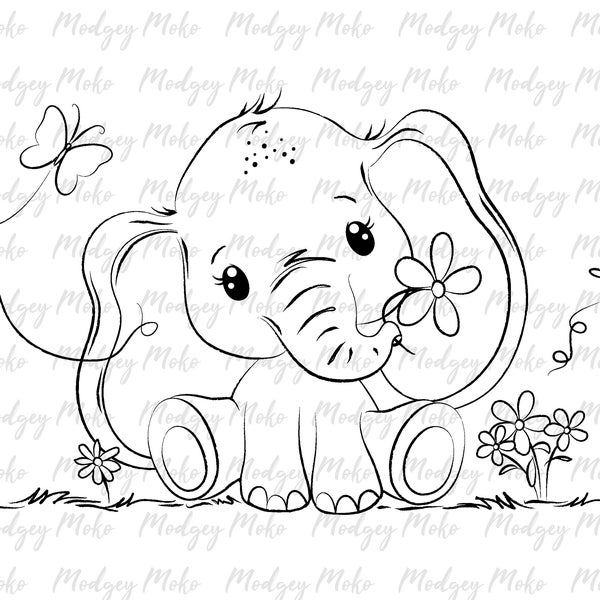 Cute Baby Elephant Digi Stamp, Digital Stamps, Card Making, Scrap Booking, JPEG Stamp.