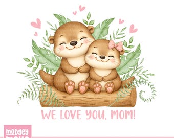Imágenes prediseñadas de nutrias en acuarela, PNG para el Día de la Madre, Arte de nutrias "Te queremos mamá", Ilustración de animales adorables, Nutrias bebés (Descarga digital)