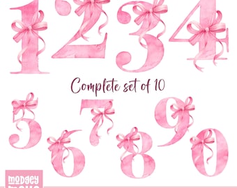 Números del 0 al 9 para niñas con lazo rosa en formato PNG, paquete de diseños para sublimación, diseño de tarjeta de cumpleaños para niñas en acuarela (descarga digital)