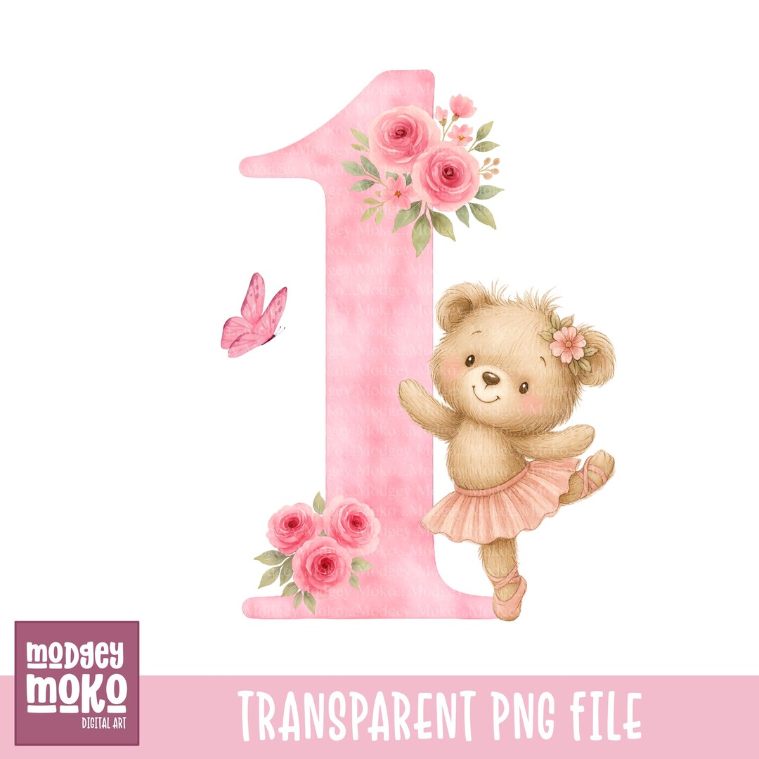 Teddy Bear 1st Birthday PNG: Pink Flowers, Girl Clipart (digital ...