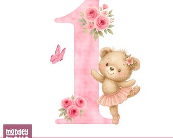 Teddy Bear 1st Birthday PNG: Pink Flowers, Girl Clipart (Digital Download)