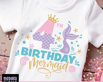 May include: A white t-shirt with a pink and purple number 4, a mermaid tail, and the text "4th Birthday Mermaid".