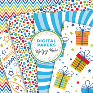 May include: A set of digital papers featuring colorful patterns, including polka dots, stripes, and chevron. The papers are perfect for crafting, scrapbooking, and other creative projects. The text "DIGITAL PAPERS Modgey Moko" is displayed on a circle.