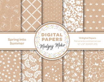 Natural Kraft Digital Printable Papers, White ditsy florals, flowers, spots, butterflies, leafs and swirl patterns.