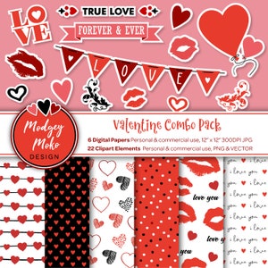 Valentines Digital Papers y Clipart COMBO Pack, incluye papeles imprimibles y elementos de imágenes prediseñadas. Vector, PNG y JPG.