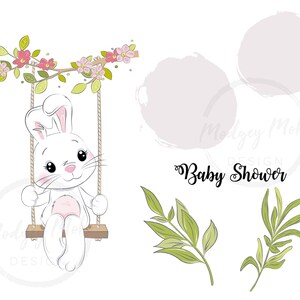 May include: A white bunny rabbit with pink ears and nose sits on a swing with a pink bow. The swing is made of rope and has a wooden seat. The bunny is surrounded by pink flowers and green leaves. The text "Baby Shower" is written in black cursive.