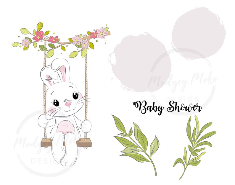 May include: A white bunny rabbit with pink ears and nose sits on a swing with a pink bow. The swing is made of rope and has a wooden seat. The bunny is surrounded by pink flowers and green leaves. The text "Baby Shower" is written in black cursive.