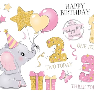 Leuke verjaardag olifant met ballonnen CLIPART PNG. Babymeisje. Roze en gouden glittercadeautjes, cijfers en sterren.