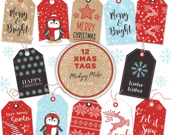 12 Printable Christmas Gift Tags, stars, penguin, snowflakes, nordic, gnome, stag, reindeer, festive seasonal fun