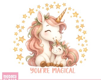 Imágenes prediseñadas de unicornio para el Día de la Madre, PNG de unicornio para mamá y bebé, diseño de sublimación de estrella, Día de la Madre brillante, (Descarga digital)