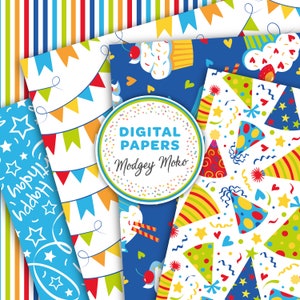 May include: A set of digital papers featuring colorful birthday party patterns. The patterns include stripes, confetti, party hats, stars, and flags. The text "DIGITAL PAPERS Modgey Moko" is in a circle in the center of the image.