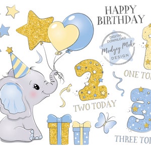 Süßer Geburtstag Elefant mit Luftballons CLIPART PNG. kleiner Junge. Blau und gold glitzernde Geschenke, Zahlen und Sterne.
