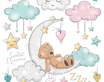 Little Bear Clipart PNG: Sleeping Bear on Moon (Digital Download)