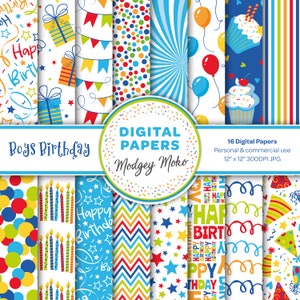 Digitale verjaardagspapieren, naadloze feestontwerpen, blauwe afdrukbare verjaardagspapieren, verjaardagsontwerpen, feestpapier, sterren en kaarsen.