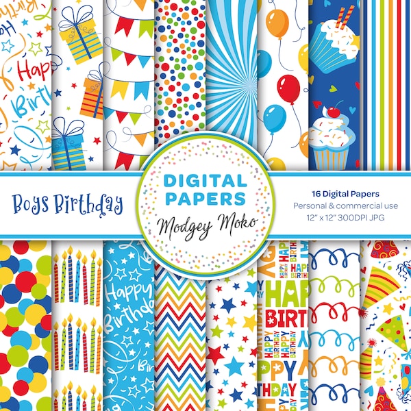 Papiers numériques d'anniversaire, motifs de fête sans couture, papiers imprimables d'anniversaire bleus, motifs d'anniversaire, papiers de fête, étoiles et bougies.