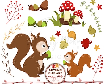Autumn Clipart, printable files, squirrel, leaves, acorns, toadstools and flowers, PNG, AI, JPG,