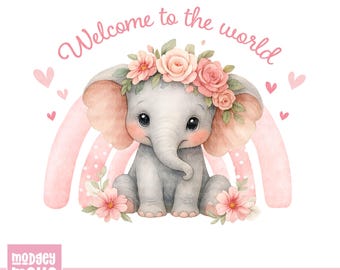 Elefante rosa de bienvenida, PNG, Sublimación de nuevo bebé, Clip art de bienvenida al mundo, Elefante arcoíris floral (Descarga digital)