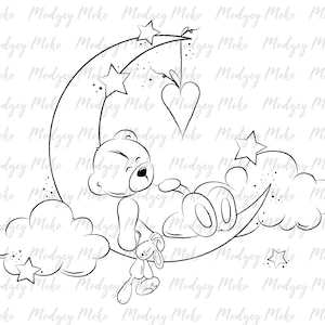 Dulces sueños osito, oso durmiente en la luna Digi sello, sellos digitales, fabricación de tarjetas, reserva de chatarra, sello JPEG.