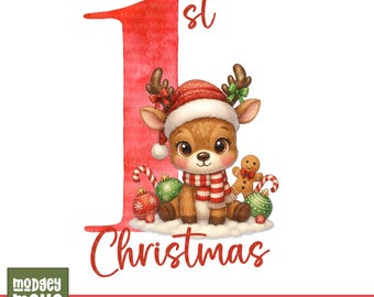 Primer reno navideño del bebé en PNG, imprimible para el primer año de Navidad, diseño de sublimación de reno, imágenes prediseñadas navideñas (descarga digital)