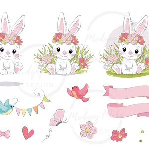 May include: A set of digital illustrations featuring a white bunny wearing a pink flower crown, a pink ribbon banner, a blue bird, a pink butterfly, a red bird, and pink flowers. The bunny is surrounded by green grass and pink flowers.