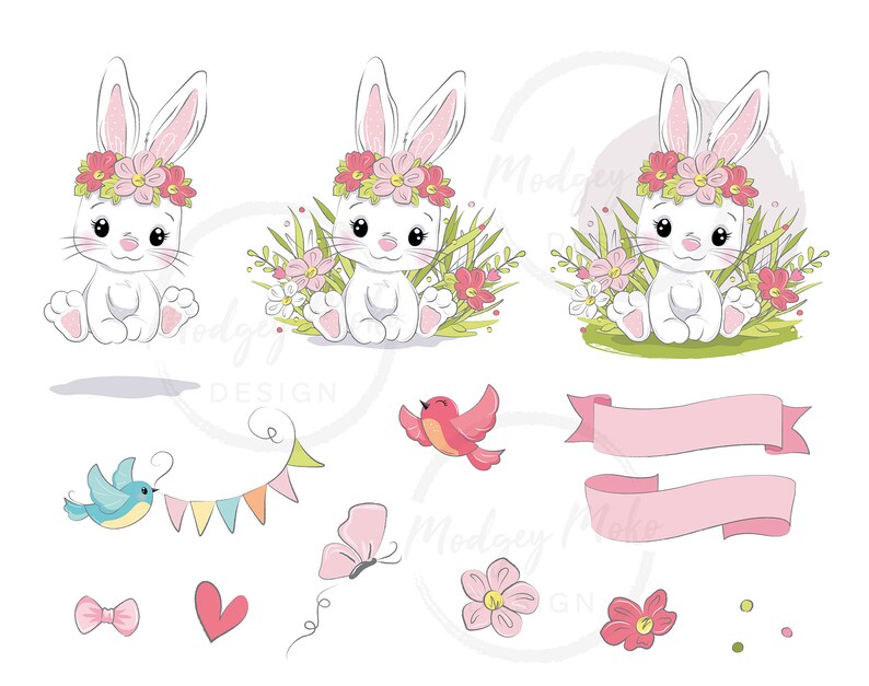 May include: A set of digital illustrations featuring a white bunny wearing a pink flower crown, a pink ribbon banner, a blue bird, a pink butterfly, a red bird, and pink flowers. The bunny is surrounded by green grass and pink flowers.
