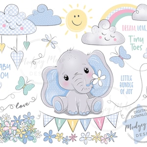 Elefante azul fofo segurando flores com borboleta CLIPART PNG. Borboletas, flores, arco-íris, nuvens, sol e bandeirolas.