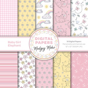 May include: A set of 10 digital papers featuring a baby girl elephant theme. The papers include patterns of pink and yellow gingham, stripes, flowers, butterflies, rainbows, clouds, and elephants. The papers are 12 inches by 12 inches and 300 DPI.