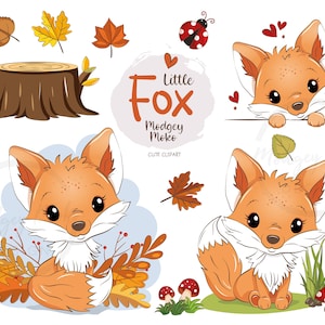 Cute Baby Fox CLIPART PNG’s. Digital files. Autumn Fox, mushrooms, leaves, ladybird and hearts.