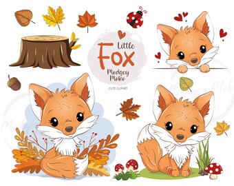 Imágenes prediseñadas de un adorable zorrito bebé en formato PNG. Archivos digitales. Zorro otoñal, setas, hojas, mariquita y corazones. Imágenes prediseñadas (descarga digital).
