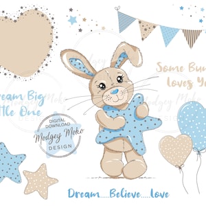 10 Clipart Ontwerpen van Cute Little Bunny Digital, Beige Bunny en blauwe polka dot ster digitale downloads