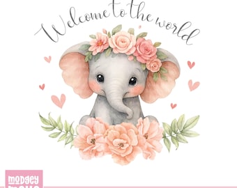 Elefante rosa de bienvenida, PNG, Sublimación de nuevo bebé, Clip art de bienvenida al mundo, Elefante floral (Descarga digital)
