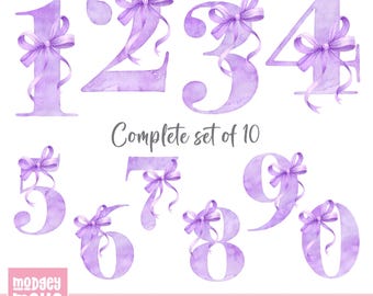 Números para niñas del 0 al 9 con lazo lila PNG, paquete de diseños para sublimación, diseño de tarjeta de cumpleaños para niñas en acuarela (descarga digital)