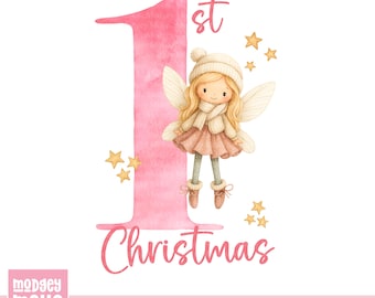 Hada rosa en su primera Navidad PNG, Diseño de sublimación de hadas, Hada en su primera Navidad, (Descarga digital)