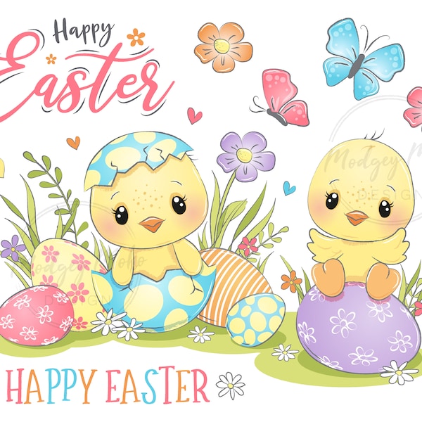 Joyeuses Pâques Poussins CLIPART PNG. Comprend une scène de papier numérique en arrière-plan, les images présentent de jolis poussins, des œufs de Pâques, des papillons et des fleurs.