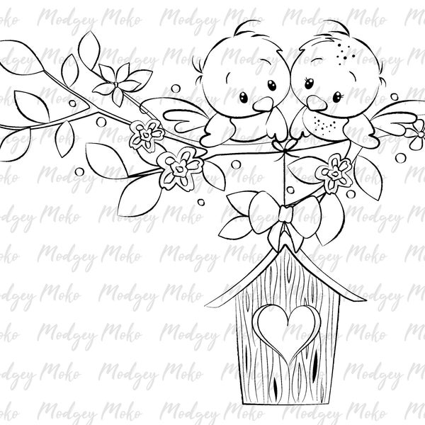 Cute Love Birds Digi Stamp, Digital Stamps, Card Making, Scrap Booking, JPEG Stamp.