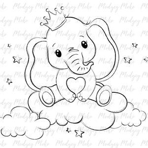 Lindo bebé elefante sentado en un sello digital de nube, página para colorear digital, creación de tarjetas, reserva de chatarra, sello JPEG.